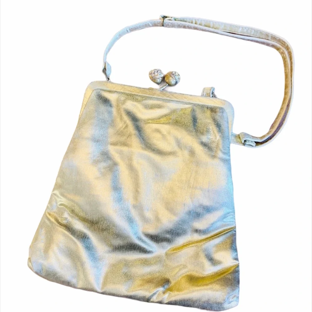 Vintage Jeweled Kiss Lock Gold Metallic Purse - Picture 2 of 5